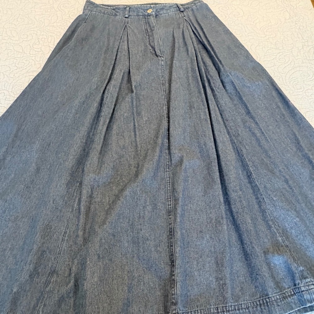 Susan Bristol Vintage Denim Maxi Skirt Blue Pleated Cotton Ankle Length 12